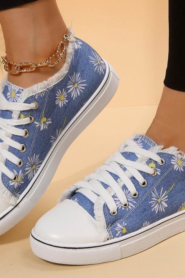 Casual Flat Canvas Shoes Flowers Lace-up Flowers Print Loafers Women Walking Shoes
