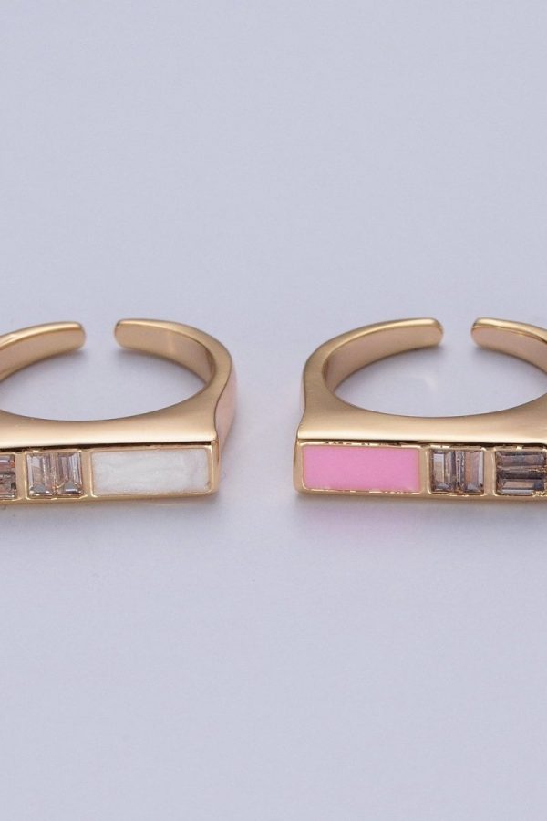 Minimalist Gold Baguette Cubic Zirconia Baguette & Enamel Flat Bar Adjustable Ring  O-350